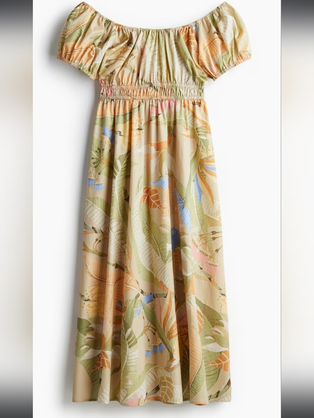 H&M Beige Tropical Maxi Dress with Muted Green Orange and Blue Leaves
